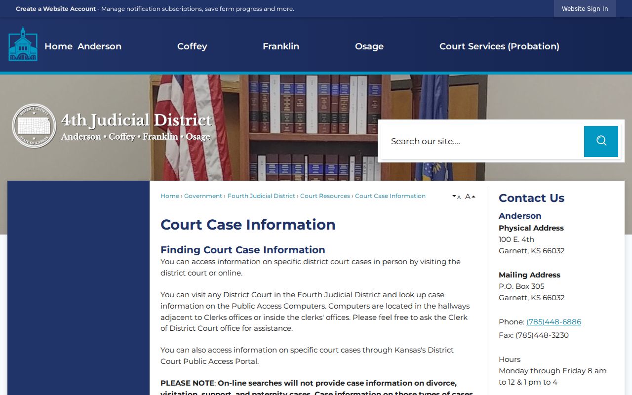Fourth Judicial District courthouse case information for checking an Anderson County court schedule