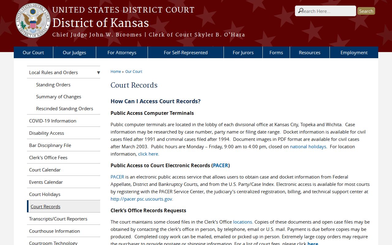 United States District Court for the District of Kansas federal records access information