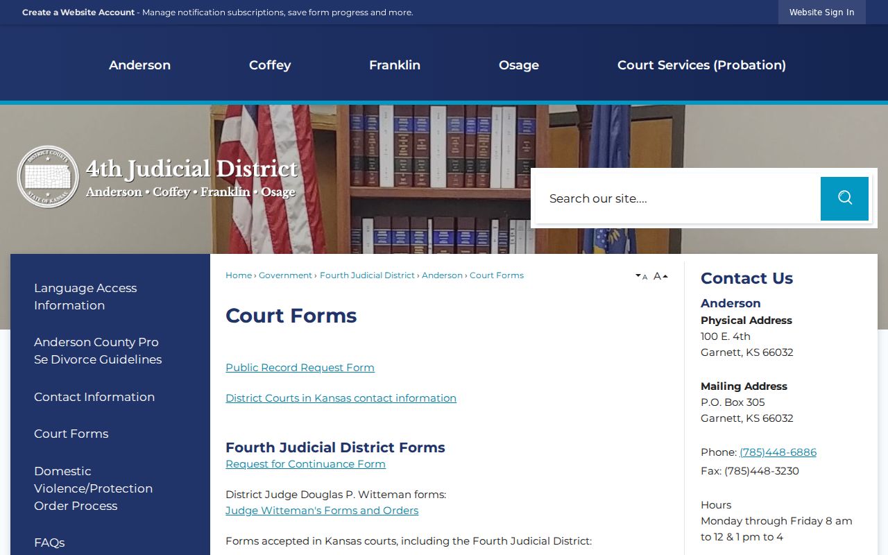 Fourth Judicial District court forms page serving Anderson County